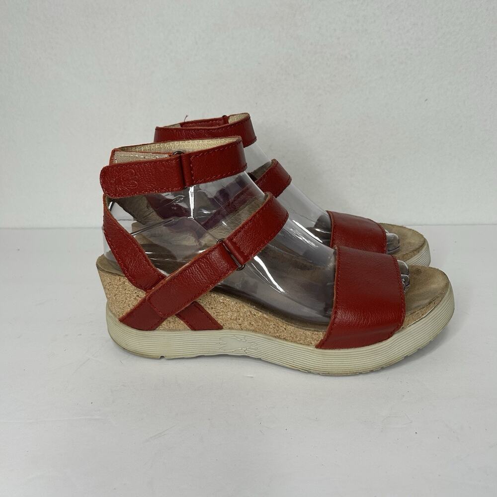 Fly London Womens Cork Red Leather Sandals EU 38 US 7.5-8 Ankle Strap